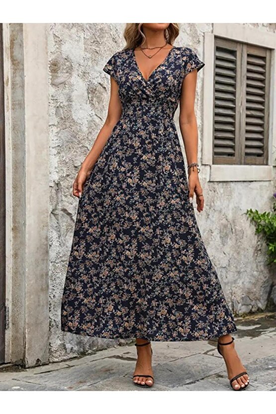 Kadın Kısa Kollu Kruvaze Yakalı çiçek Desenli Belden Lastikli Süprem Uzun Elbise