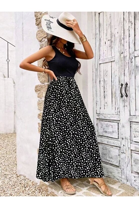 Kadın Askılı Yuvarlak Yaka üst Viskon Alt Desenli Bürümcük Elbise