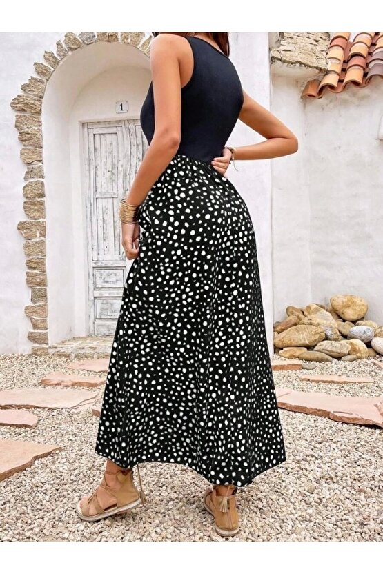 Kadın Askılı Yuvarlak Yaka üst Viskon Alt Desenli Bürümcük Elbise