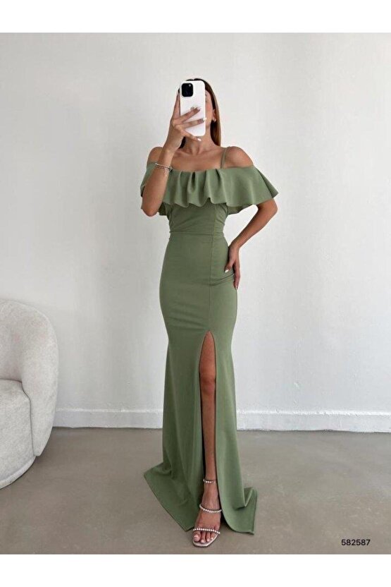 Kadın Dalgıç Krep Yırtmaç Detaylı Askılı Maxi Boy Elbise