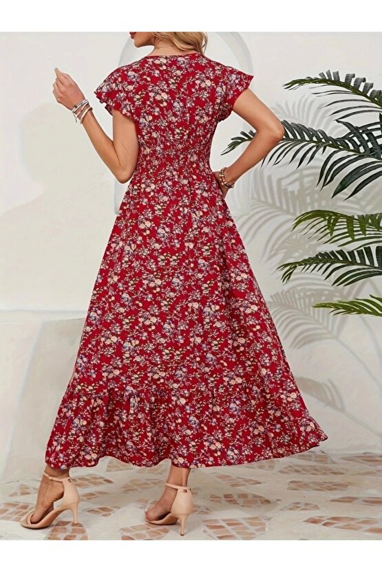 Kadın Kısa Kollu Kruvaze Yaka Beli Lastikli çiçek Desenli Elbise