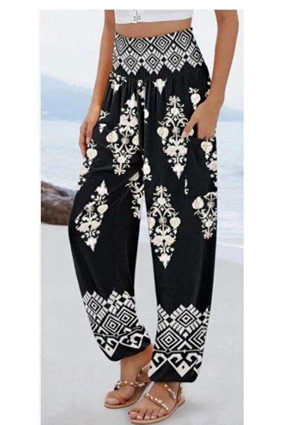 Kadın Yüksek Bel Desenli Lastikli Süprem Pantolon