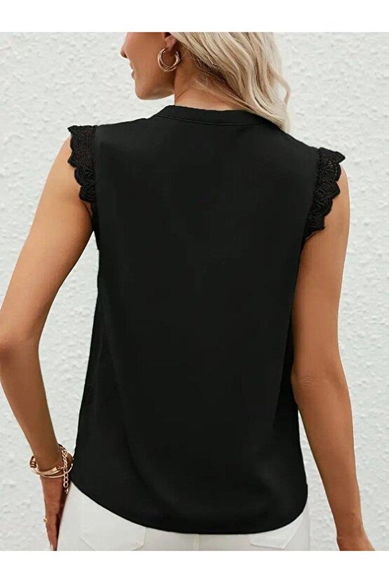 Kadın Kısa Dantel Kollu Hakim Yaka Ithal Krep Bluz