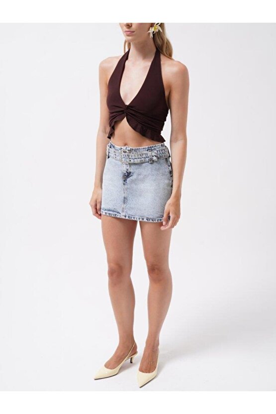 Kemer Detay Denim Mini Etek