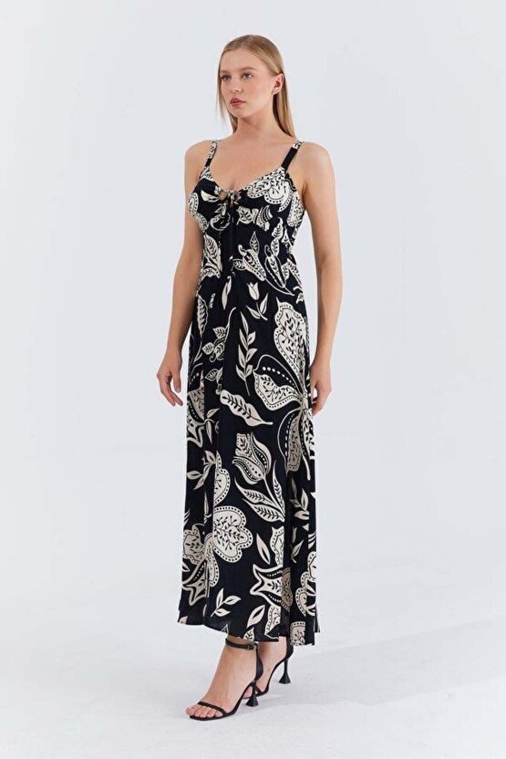 Askılı Viscon Elbise - Siyah