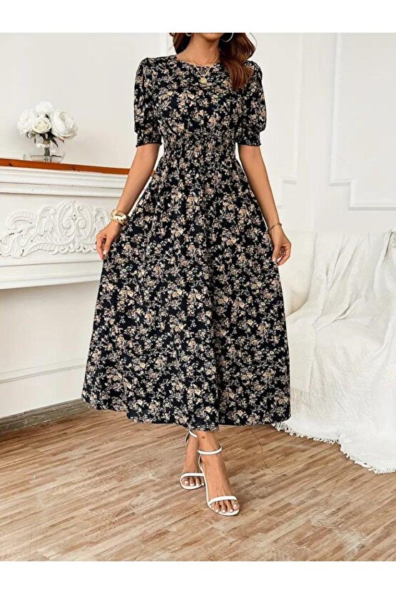 Kadın Yarım Kollu Bisiklet Yaka Kol Ve Bel Gipe Detay Süprem Elbise