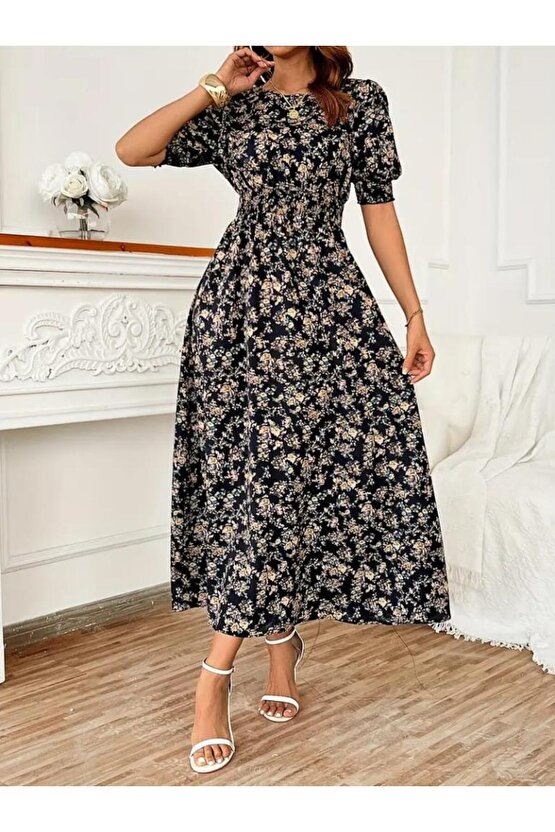 Kadın Yarım Kollu Bisiklet Yaka Kol Ve Bel Gipe Detay Süprem Elbise