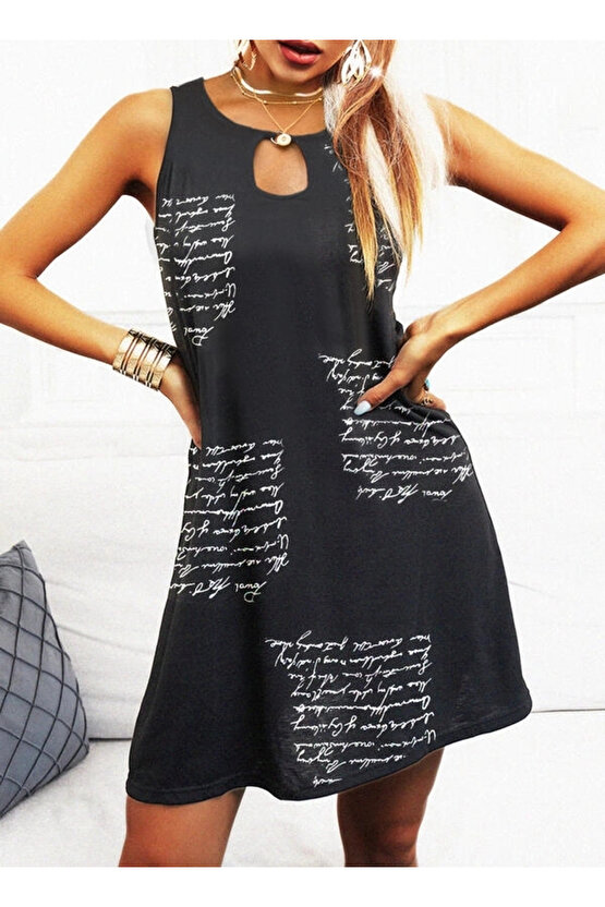 Kadın Kolsuz Halka Detay Mektup Desenli Mikro Elbise