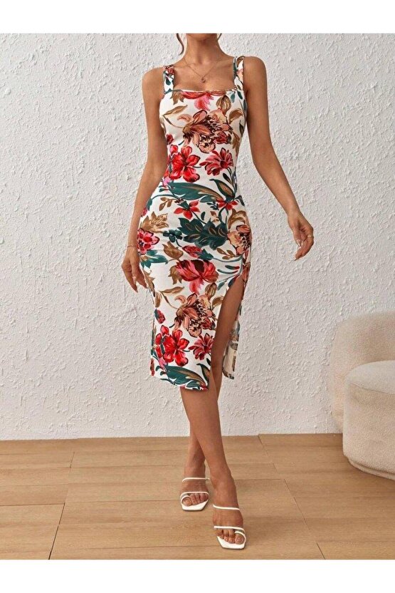 Kadın Askılı Kare Yakalı Yırtmaçlı çiçek Desenli Dalgıç Elbise