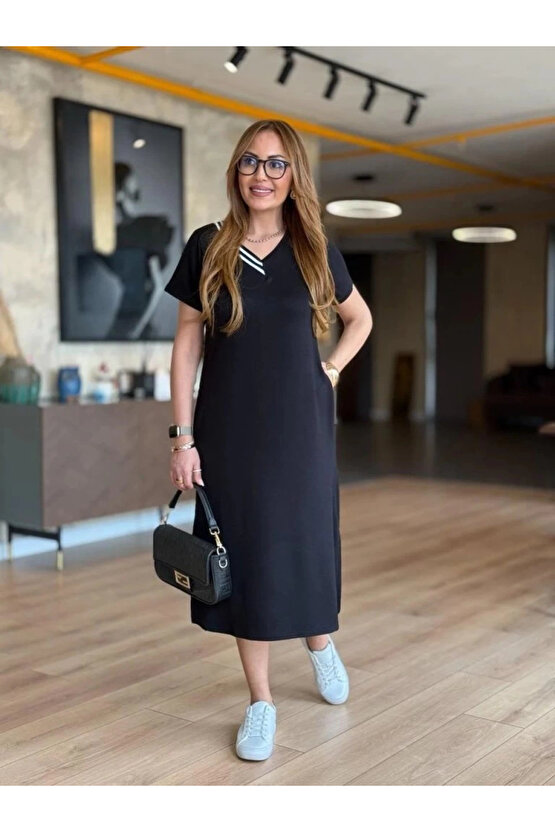 MDB Kadın Kısa Kollu V Ribana Yakalı Yırtmaçlı Midi Viskon Iki Iplik Elbise