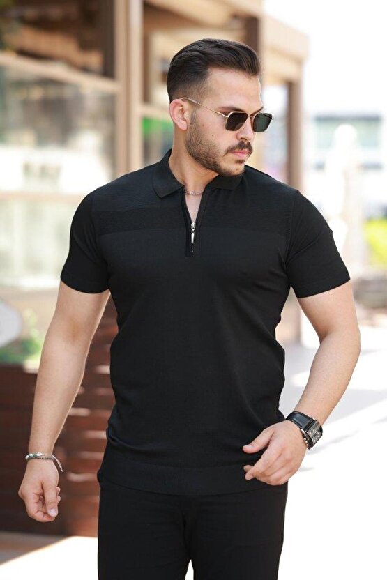 Erkek Göğüs Pirinç Desenli Fermuar Yakalı Kısa Kollu Tişört