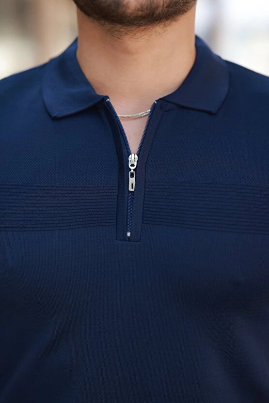 Erkek Göğüs Pirinç Desenli Fermuar Yakalı Kısa Kollu Tişört