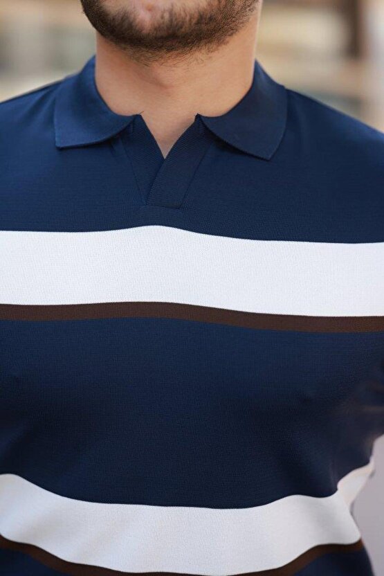 Erkek şerit Desenli Hemşire Yaka Kısa Kollu Tişört