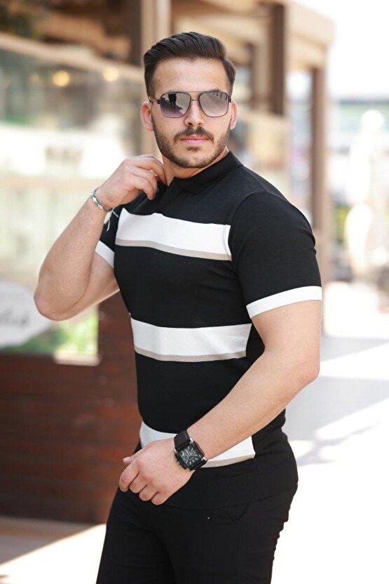 Erkek şerit Desenli Hemşire Yaka Kısa Kollu Tişört