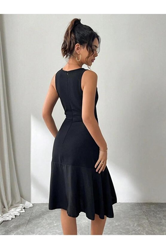 Kadın Askılı Bisiklet Yaka önden Fırfırlı Kısa Ithal Krep Elbise