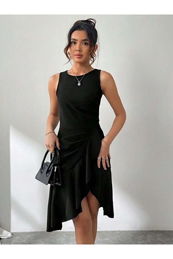 Kadın Askılı Bisiklet Yaka önden Fırfırlı Kısa Ithal Krep Elbise