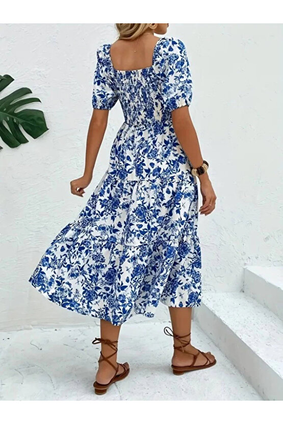 MDB Kadın Kısa Kollu Kare Yakalı Lastikli Desenli Süprem Elbise