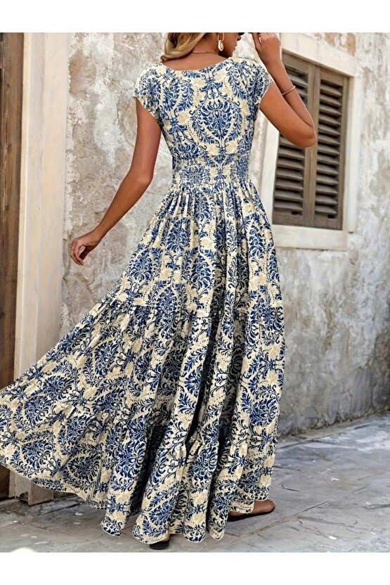 Kadın Kısa Kollu Kruvaze Yaka Beli Lastikli Süprem Maksi Boy Elbise