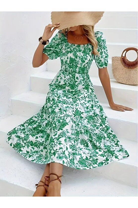 Edolika Kadın Kısa Kollu Kare Yakalı Lastikli Desenli Süprem Elbise