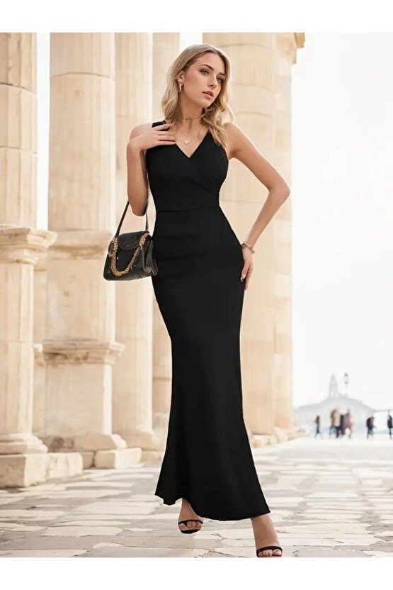 Kadın Askılı Kruvaze Yaka Yırtmaç Detaylı Janjan Krep Elbise