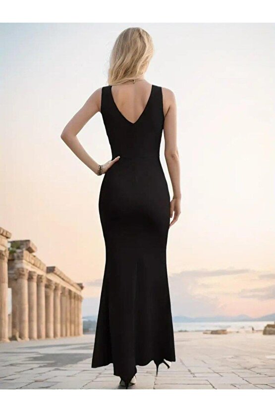 Kadın Askılı Kruvaze Yaka Yırtmaç Detaylı Janjan Krep Elbise