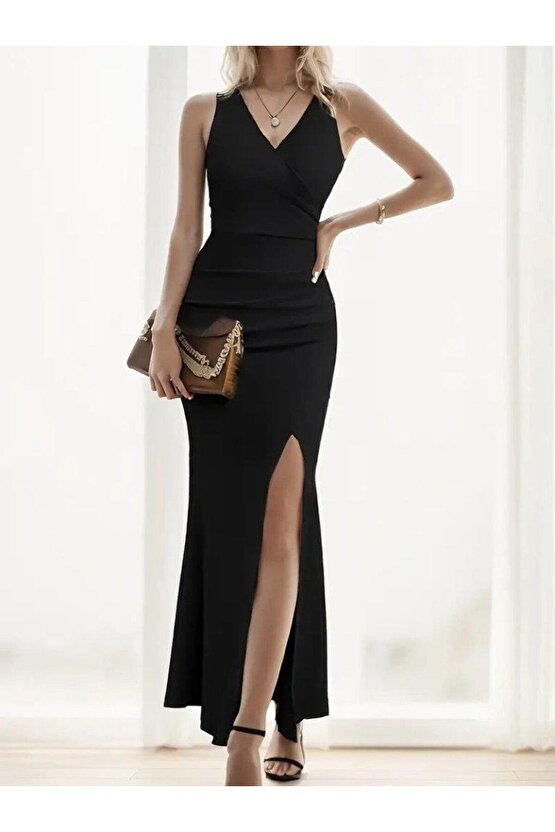 Kadın Askılı Kruvaze Yaka Yırtmaç Detaylı Janjan Krep Elbise