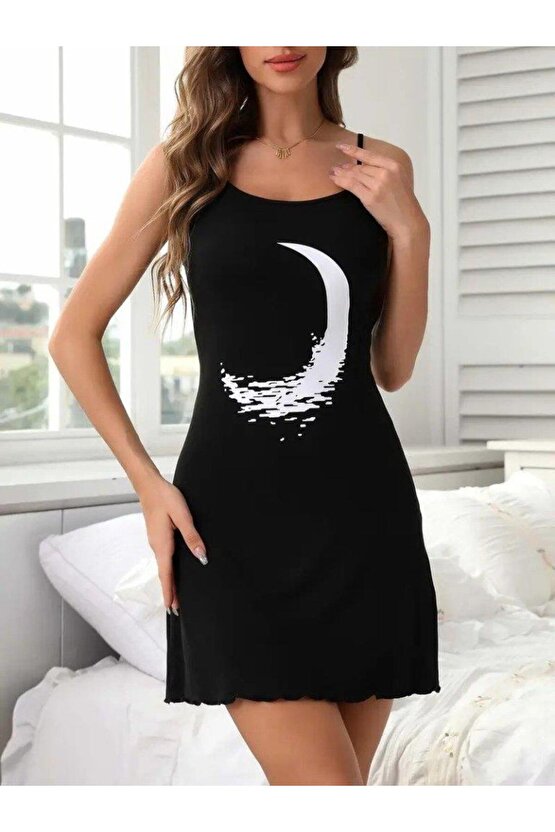 Kadın Ip Askılı Ay Desenli Viskon Elbise