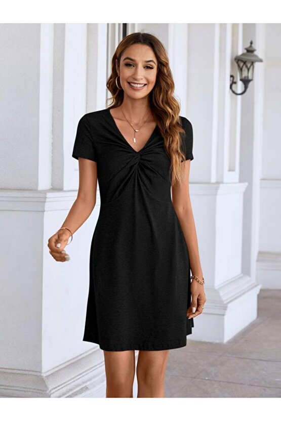 Kadın Kısa Kollu Yaka Detay Viskon Elbise