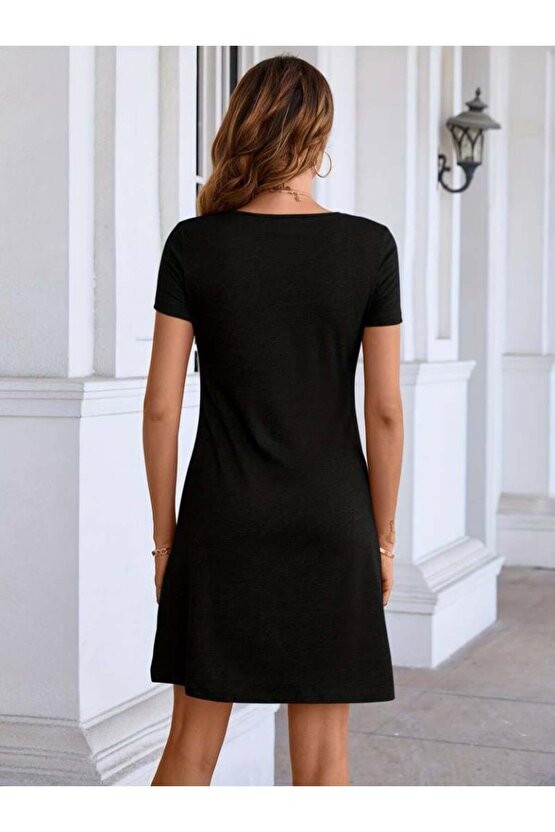 Kadın Kısa Kollu Yaka Detay Viskon Elbise