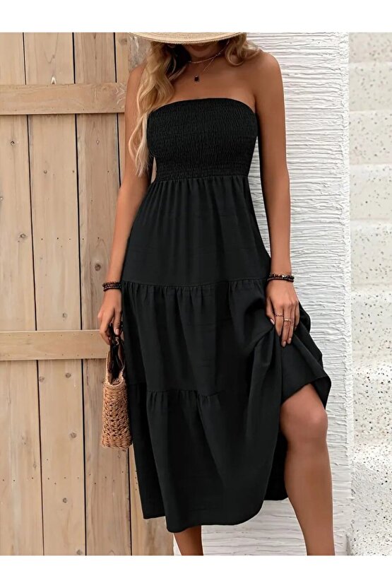 Kadın Straplez Göğüsten Lastikli Kloş Aerobin Uzun Elbise