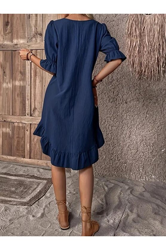 Kadın Kısa Kollu Kol Ve Eteği Volanlı Bisiklet Yaka Aerobin Elbise