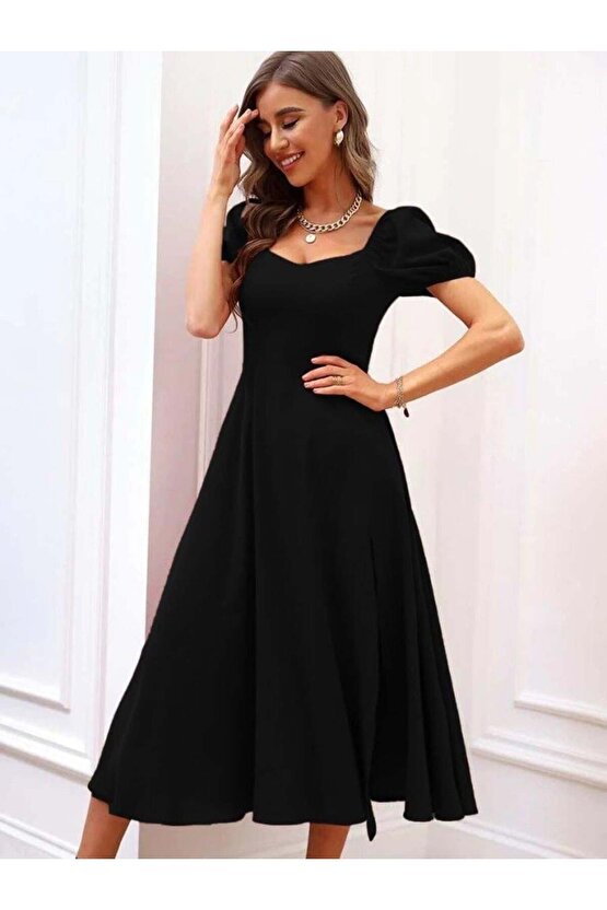 Kadın Kısa Kollu Kare Yakalı Yırtmaçlı Midi Janjan Krep Elbise