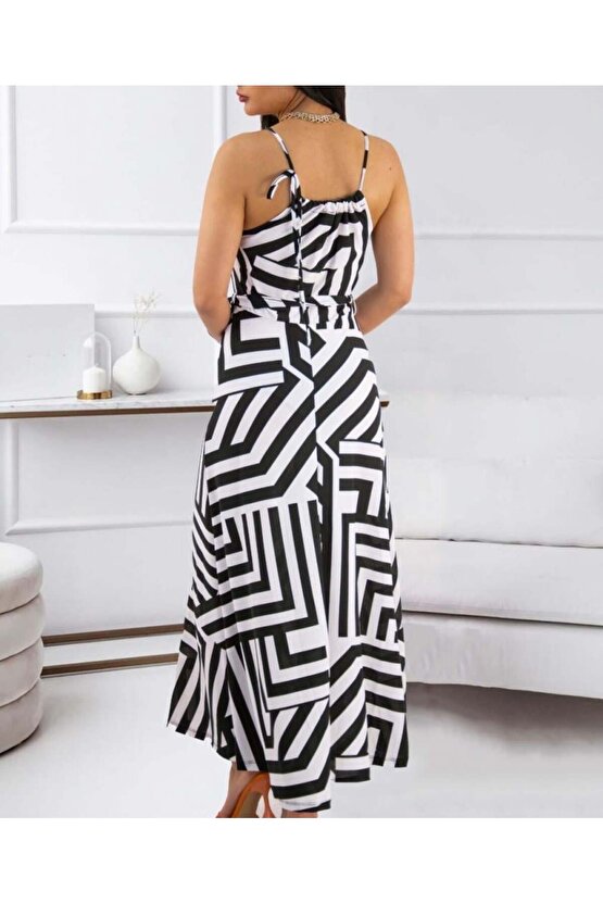 Kadın Askılı Belden Bağlamalı Geometrik Desen Krep Elbise