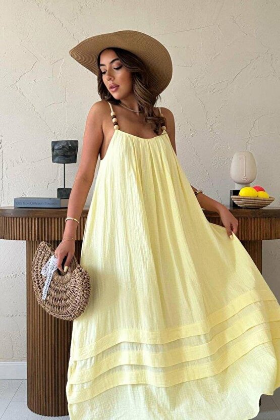 Sarı Askılı Müslin Elbise