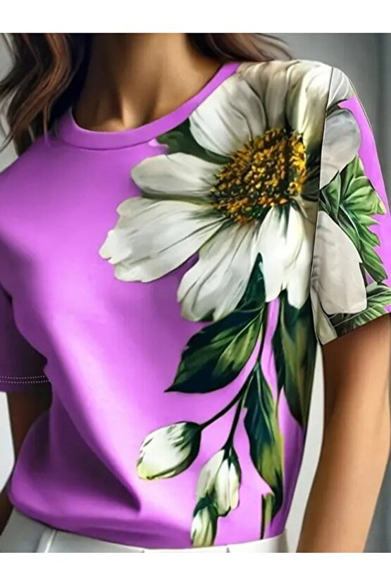 EQURİ Kadın Kısa Kollu Bisiklet Yaka çiçek Baskılı Süprem Bluz