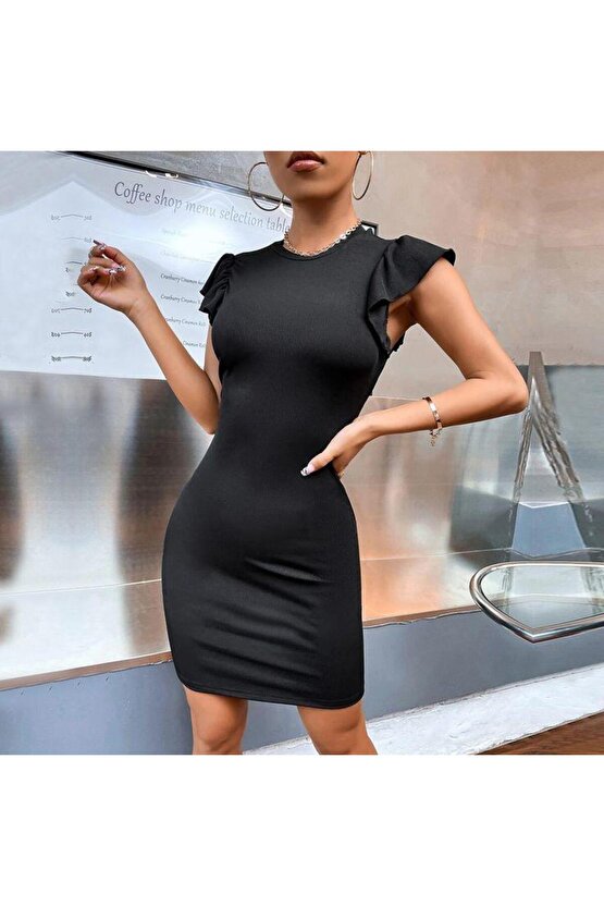Kadın Kolsuz Omzu Volanlı Bisiklet Yaka Kaşkorse Mini Elbise