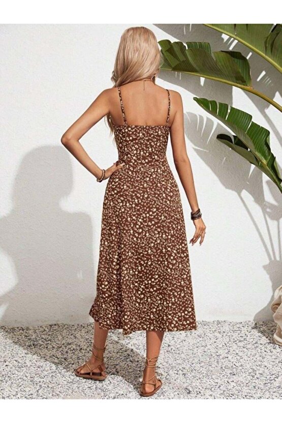Kadın Ip Askılı Geniş V Yaka Bağcıklı Yandan Yırtmaçlı çiçek Desenli Midi Süprem Elbise