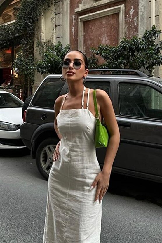 Trisha Sırt Dekolteli Keten Elbise 2496-20 ELBİSE