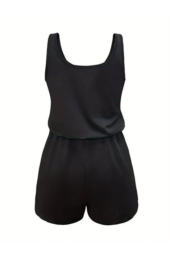 Askılı Yuvarlak Yaka Lazer Kesim Detay Bağcıklı Kısa Tulum