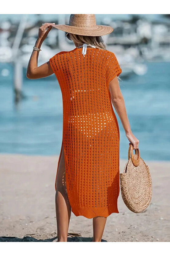 Kadın Sıfır Kol V Yaka Yanı Derin Yırtmaçlı Midi Boy Triko Elbise