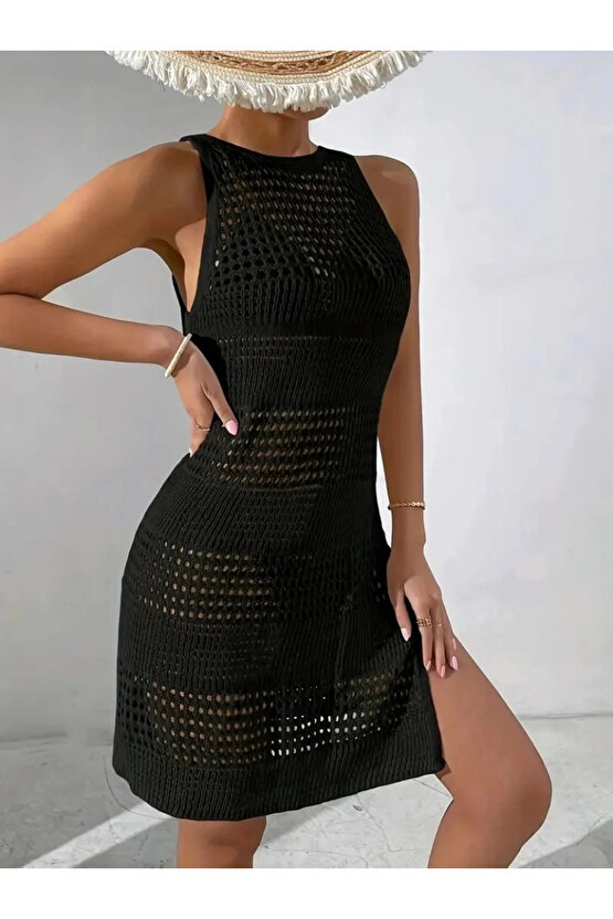 Kadın Askılı Derin Sırt Dekolteli Ajurlu Triko Pareo