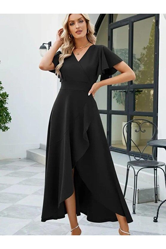 Kadın Kısa Kollu Kruvaze Yakalı önden Volanlı çapraz Kesim Detaylı Maksi Boy Ithal Krep Elbise