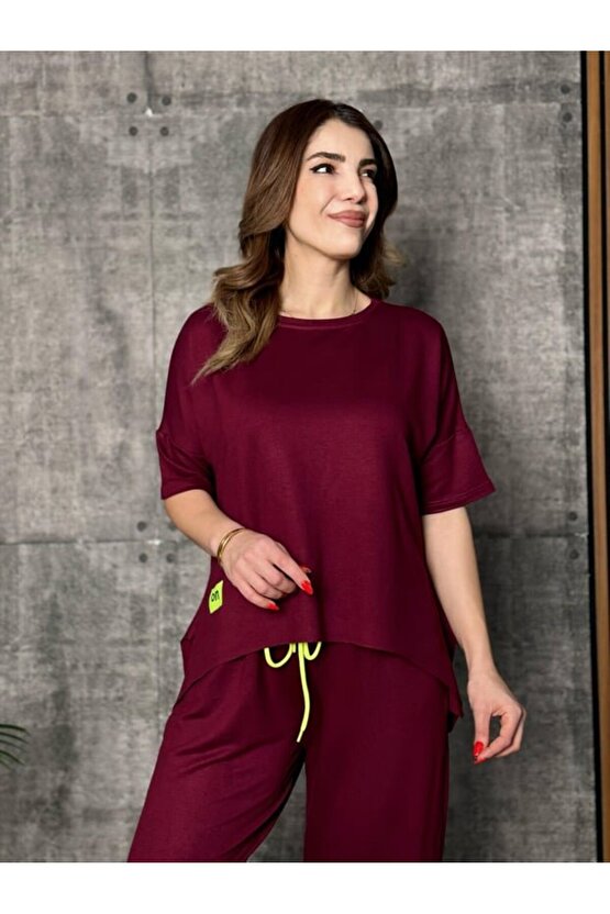 Kadın Kısa Kollu Bisiklet Yaka Viskon Iki Iplik Bluz Ve Pantolon Ikili Takım