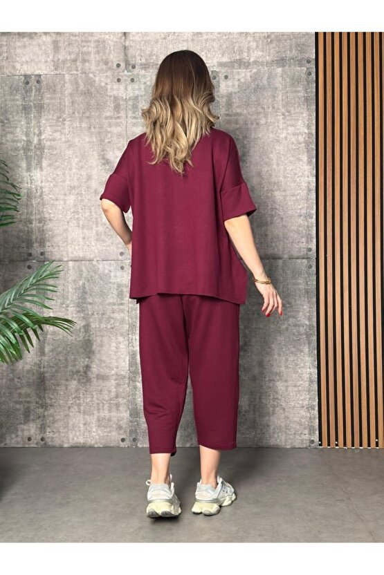 Kadın Kısa Kollu Bisiklet Yaka Viskon Iki Iplik Bluz Ve Pantolon Ikili Takım