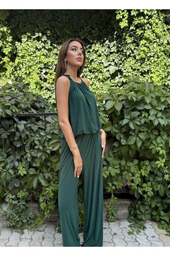 Kadın Omuz Askılı Döküm Detay Salaş Sandy Kumaş Tulum