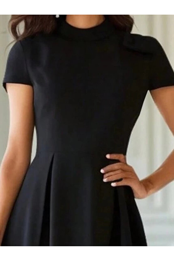 MDB Kadın Kısa Kollu Yarı Balıkçı Yaka Pileli Janjan Krep Midi Elbise