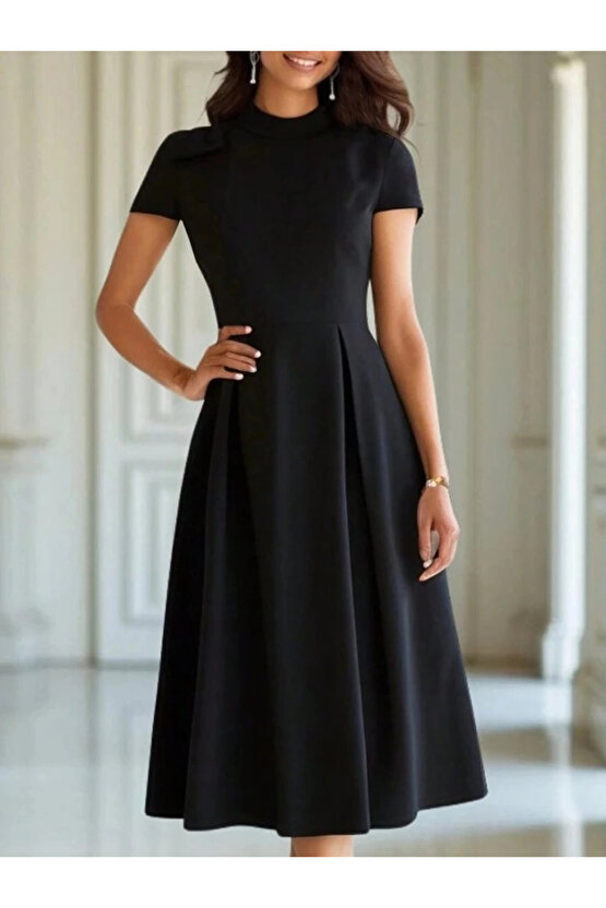 MDB Kadın Kısa Kollu Yarı Balıkçı Yaka Pileli Janjan Krep Midi Elbise