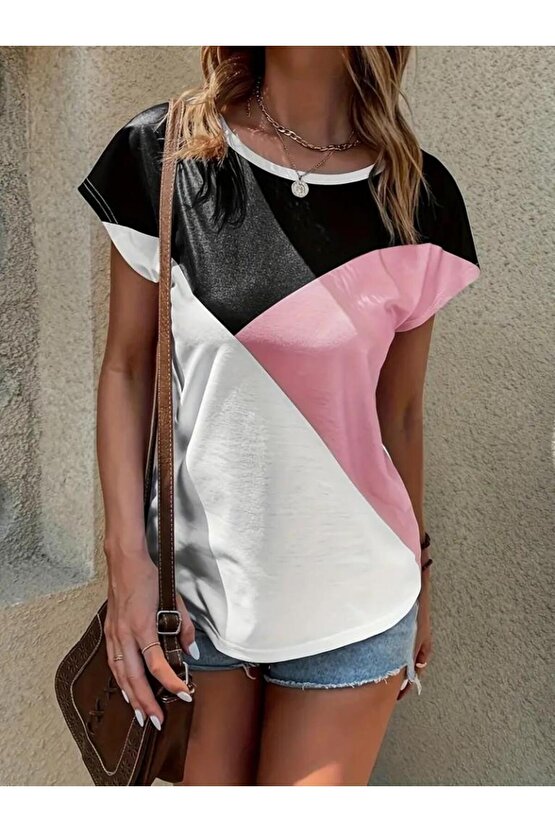 Kadın Bisiklet Yaka üç Renk Viskon T-shirt