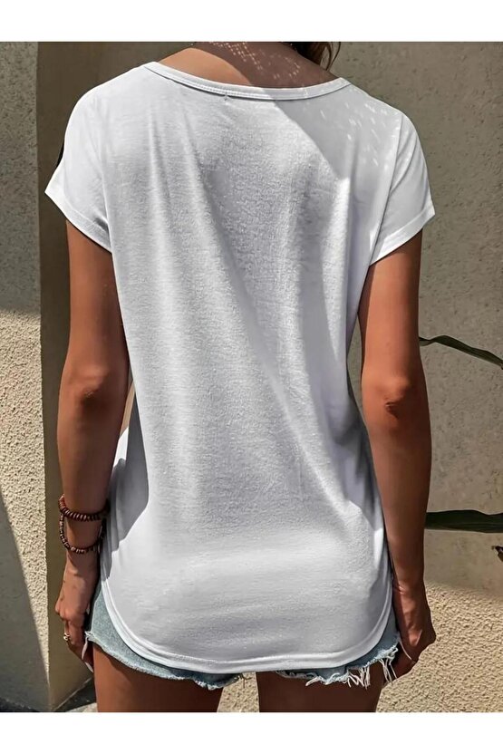 Kadın Bisiklet Yaka üç Renk Viskon T-shirt