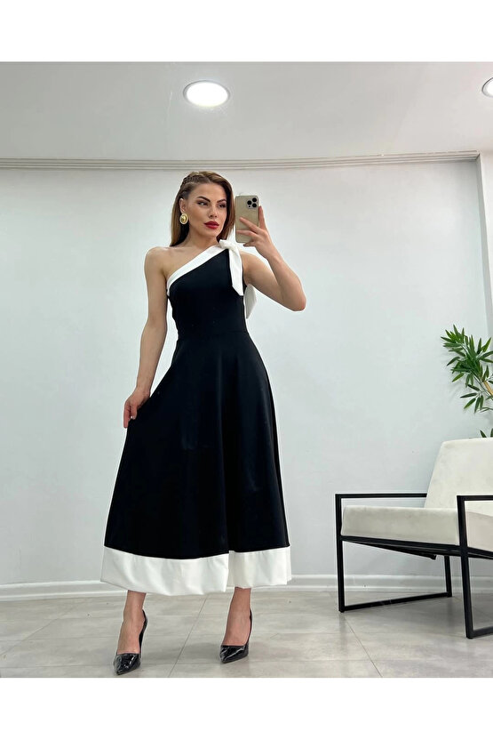 MDB Kadın Tek Omuzu Açık Omuzlardan Kurdela Detaylı çift Renkli Ithal Krep Elbise